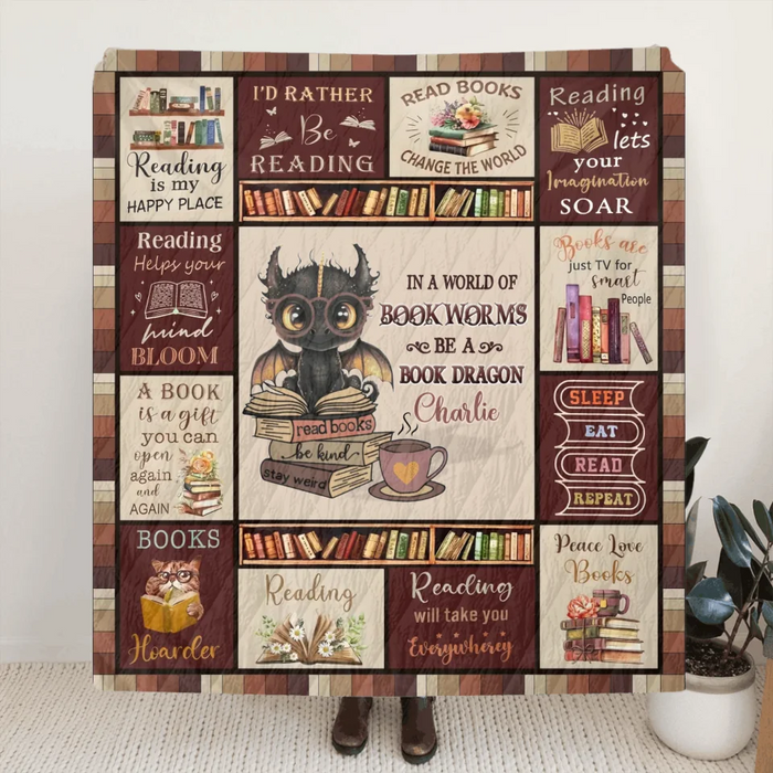 Custom Personalized Books & Dragon Quilt/ Fleece Throw Blanket - Gift Idea For  Book Lover - In A World Of Bookworms Be A Book Dragon