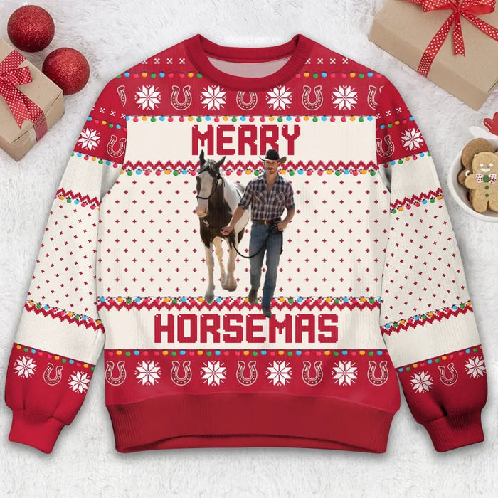 Custom Personalized Merry Horsemas Ugly Sweater - Christmas Gift Idea For Horse Lover - Upload Photo