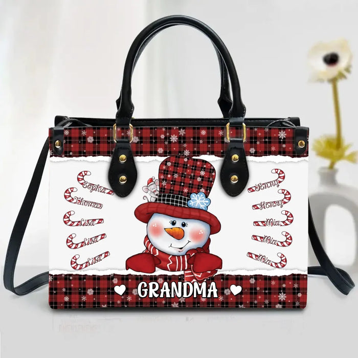 Custom Personalized Grandma Snowman  PU Leather Handbag With Long Straps - Upto 10 Kids - Christmas Gift Idea For Grandma/ Nana