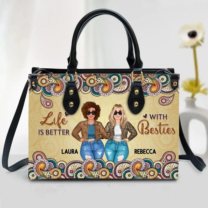 Custom Personalized Besties PU Leather Handbag with Long Straps - Gift Idea For Friends/ Besties/ Birthday - Life Is Better With Besties