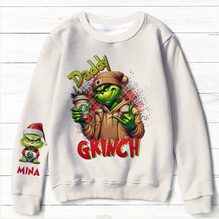 Custom Personalized Mama Daddy Grinch AOP Sweater - Upto 8 Kids - Christmas Gift Idea For Mom/ Dad