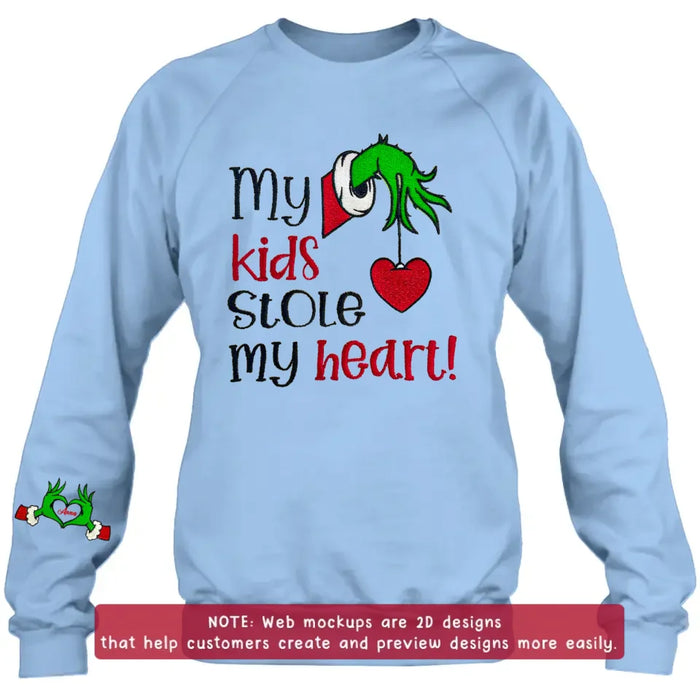 Custom Personalized Grinch Hand Embroidered Sweater - Upto 6 Kids - Christmas Gift Idea For Grandma/ Mom - My Kids Stole My Heart