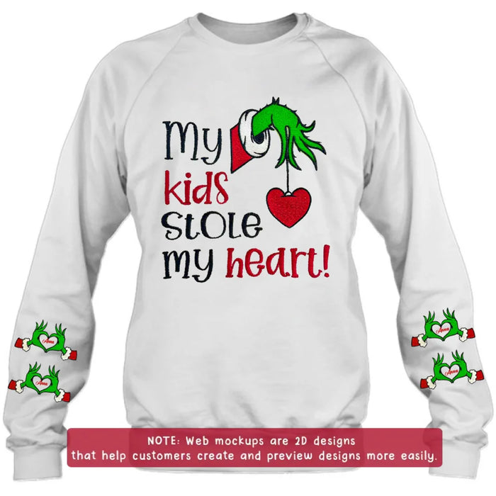 Custom Personalized Grinch Hand Embroidered Sweater - Upto 6 Kids - Christmas Gift Idea For Grandma/ Mom - My Kids Stole My Heart