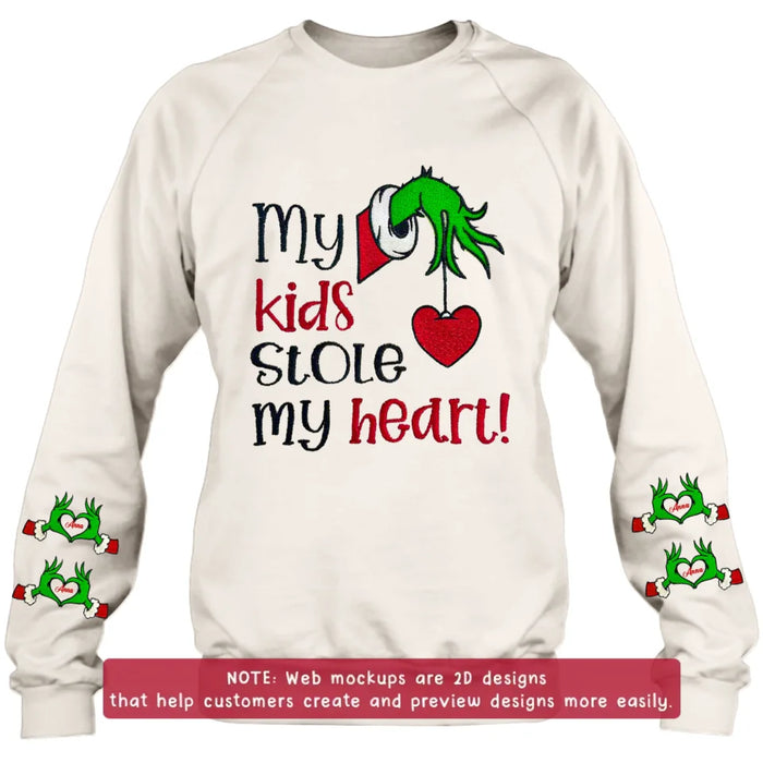 Custom Personalized Grinch Hand Embroidered Sweater - Upto 6 Kids - Christmas Gift Idea For Grandma/ Mom - My Kids Stole My Heart