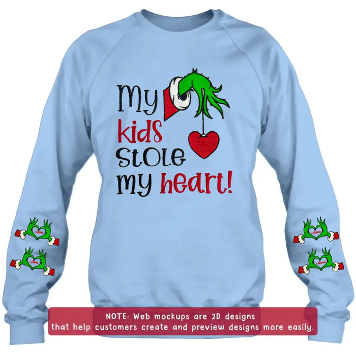 Custom Personalized Grinch Hand Embroidered Sweater - Upto 6 Kids - Christmas Gift Idea For Grandma/ Mom - My Kids Stole My Heart