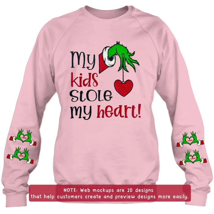 Custom Personalized Grinch Hand Embroidered Sweater - Upto 6 Kids - Christmas Gift Idea For Grandma/ Mom - My Kids Stole My Heart