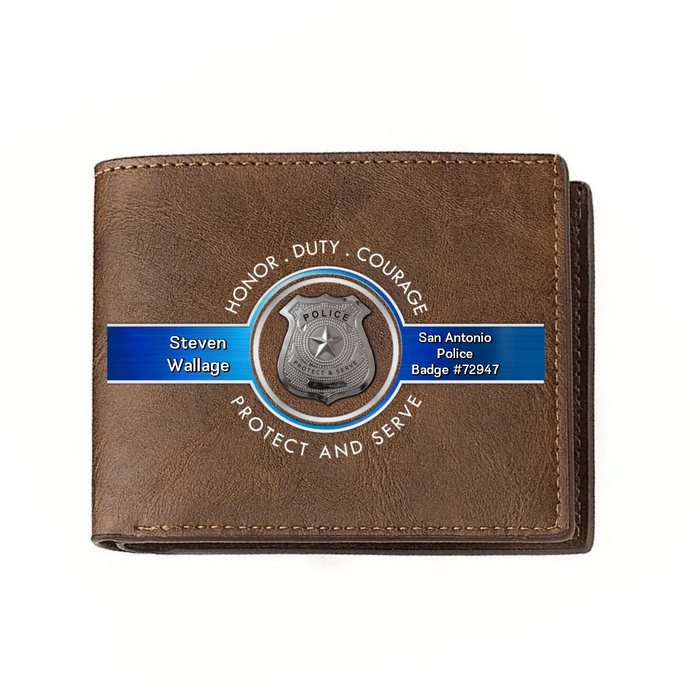 Custom Personalized Police Leather Wallet - Father's Day Gift Idea for Police - Honor Duty Courage