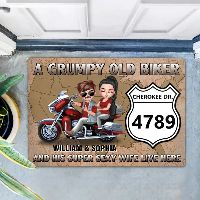 Custom Personalized Old Biker Couple Doormat - Gift Idea For Couple/ Biker - A Grumpy Old Biker And His Super Sexy Wite Live Here