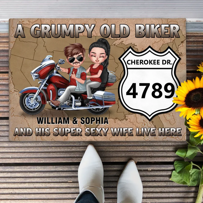 Personalized Old Biker Couple Doormat - Gift Idea For Couple/Biker - A Grumpy Old Biker And His Super Sexy Wite Live Here