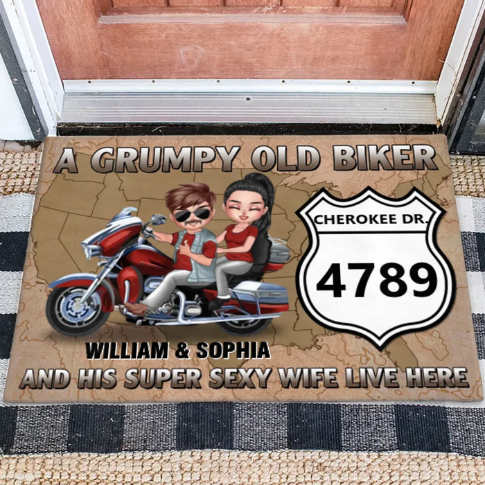 Custom Personalized Old Biker Couple Doormat - Gift Idea For Couple/ Biker - A Grumpy Old Biker And His Super Sexy Wite Live Here