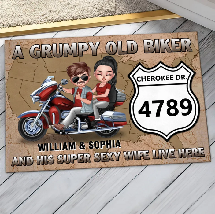 Custom Personalized Old Biker Couple Doormat - Gift Idea For Couple/ Biker - A Grumpy Old Biker And His Super Sexy Wite Live Here