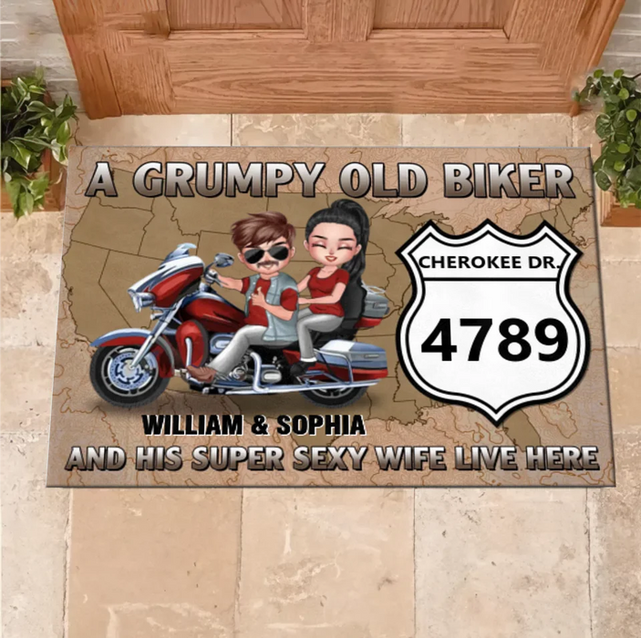 Custom Personalized Old Biker Couple Doormat - Gift Idea For Couple/ Biker - A Grumpy Old Biker And His Super Sexy Wite Live Here