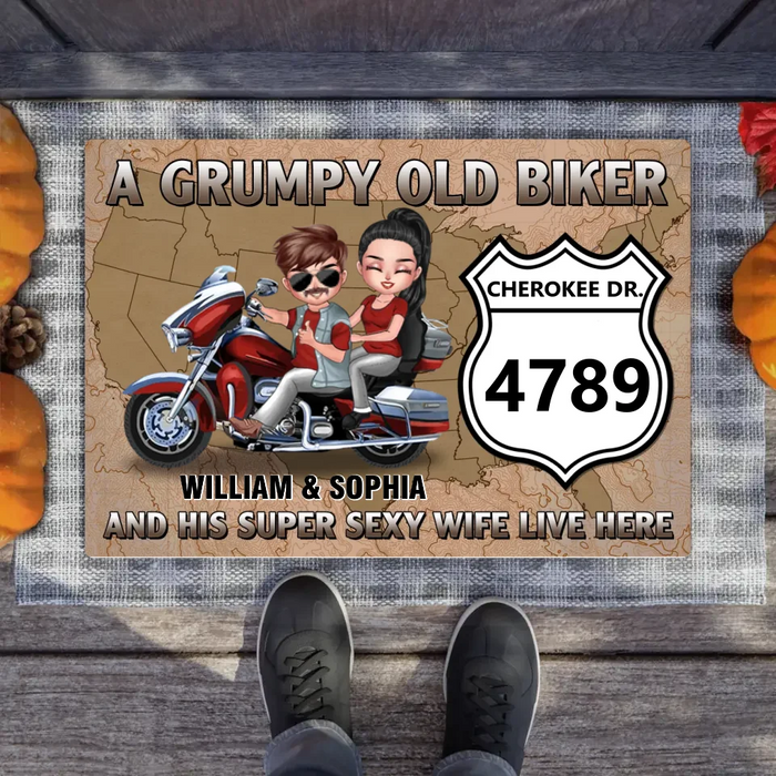 Custom Personalized Old Biker Couple Doormat - Gift Idea For Couple/ Biker - A Grumpy Old Biker And His Super Sexy Wite Live Here