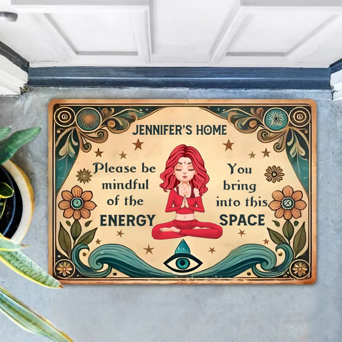 Custom Personalized Yoga Doormat - Gift Idea for Yoga Lovers - Please Be Mindful of The Energy You Bring Into This Space