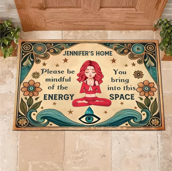 Custom Personalized Yoga Doormat - Gift Idea for Yoga Lovers - Please Be Mindful of The Energy You Bring Into This Space