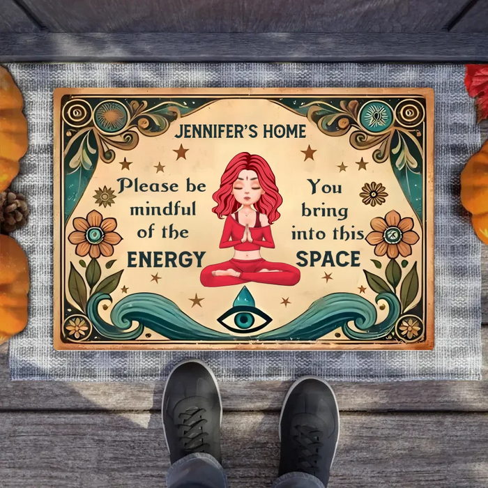 Custom Personalized Yoga Doormat - Gift Idea for Yoga Lovers - Please Be Mindful of The Energy You Bring Into This Space