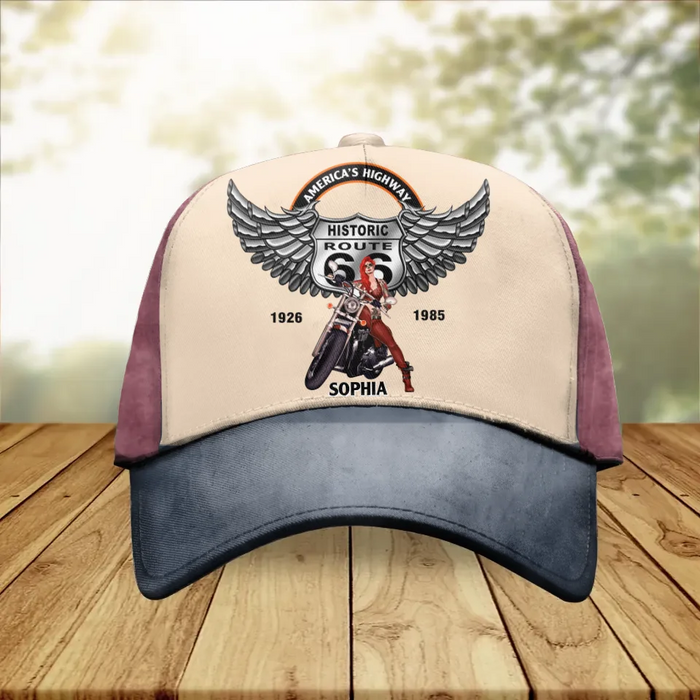 Custom Personalized Motorcycle  Baseball Cap - Historic Route 66 - Gift Idea For Motorcycle Lover