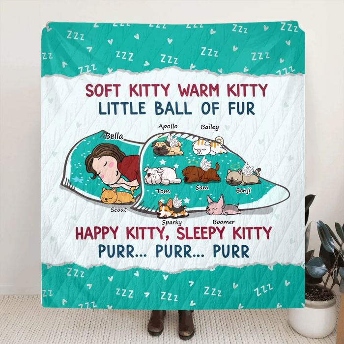 Personalized Dog Mom Quilt/Fleece Throw Blanket - Up To 8 Dogs - Mother's Day Gift For Dog Mom - Soft Kitty Warm Kitty Little Ball Of Fur