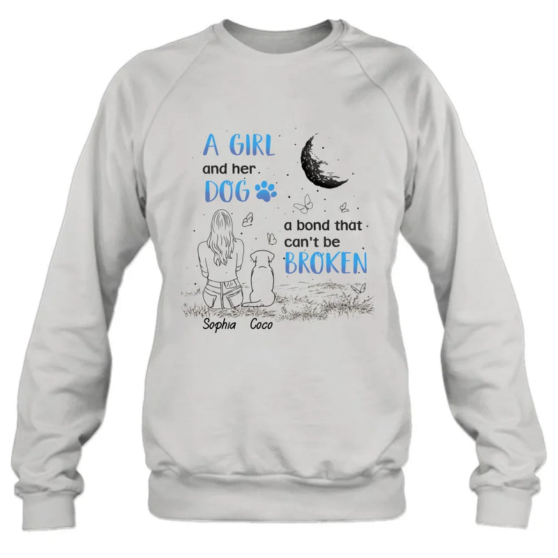 Personalized Girl And Dog T-shirt/Long Sleeve/Sweatshirt/Hoodie - Memorial Gift Idea For Dog Lover - A Girl And Her Dog A Bond That Can't Be Broken