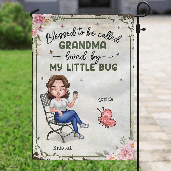 Personalized Grandma Flag Sign - Gift Idea For Grandma - Up to 10 Kids - Blessed To Be Called Grandma Loved By My Little Bugs