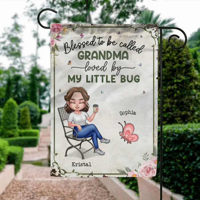 Personalized Grandma Flag Sign - Gift Idea For Grandma - Up to 10 Kids - Blessed To Be Called Grandma Loved By My Little Bugs