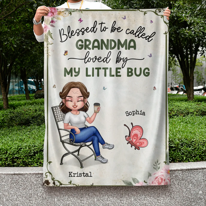 Personalized Grandma Flag Sign - Gift Idea For Grandma - Up to 10 Kids - Blessed To Be Called Grandma Loved By My Little Bugs