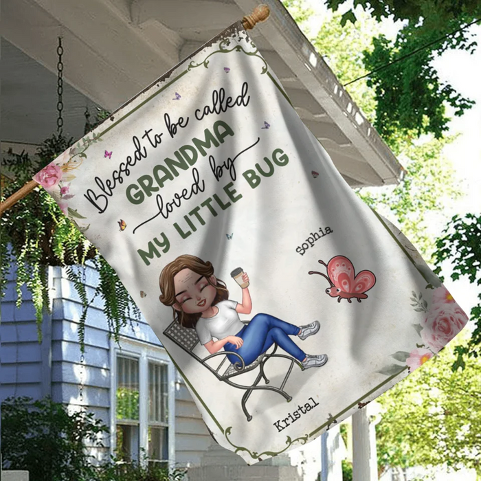 Personalized Grandma Flag Sign - Gift Idea For Grandma - Up to 10 Kids - Blessed To Be Called Grandma Loved By My Little Bugs