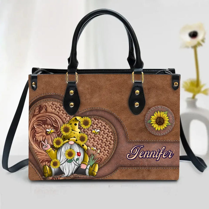 Personalized Bee Sunflower Hippie Gnome PU Leather Handbag With Long Straps - Gift Idea For Grandma/Mom/Wife/Friend