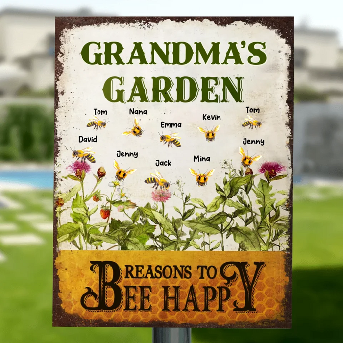 Personalized Grandma's Garden Metal Sign - Gift Idea For Grandma - Up to 10 Kids - Reasons To Bee Happy