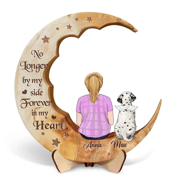 Personalized Memorial Kid With Pet Moon Wooden Art - Memorial Gift Idea - No Longer By My Side Forever In My Heart