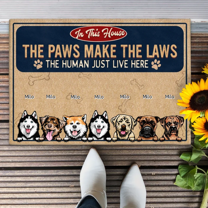 Personalized Dog Lover Doormat - Gift Idea For Dog Owner - Up to 7 Dogs - The Paws Make The Laws The Human Just Live Here