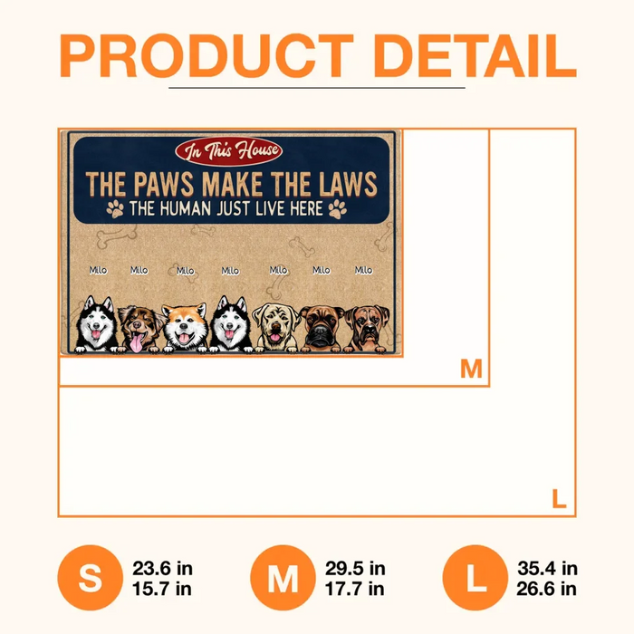 Personalized Dog Lover Doormat - Gift Idea For Dog Owner - Up to 7 Dogs - The Paws Make The Laws The Human Just Live Here