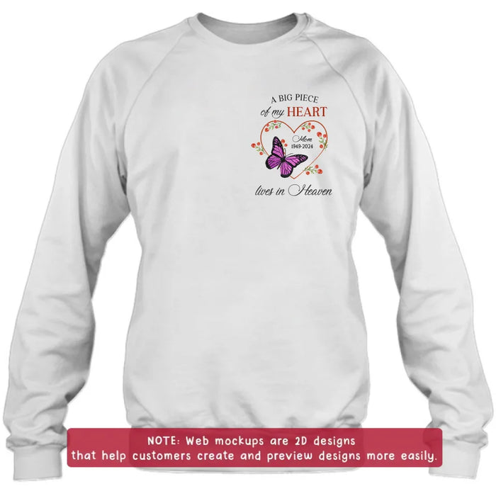 Personalized Memorial Butterfly Embroidered T-Shirt/Sweater/Hoodie - Memorial Gift Idea For Family Member - A Big Piece Of My Heart Lives In Heaven