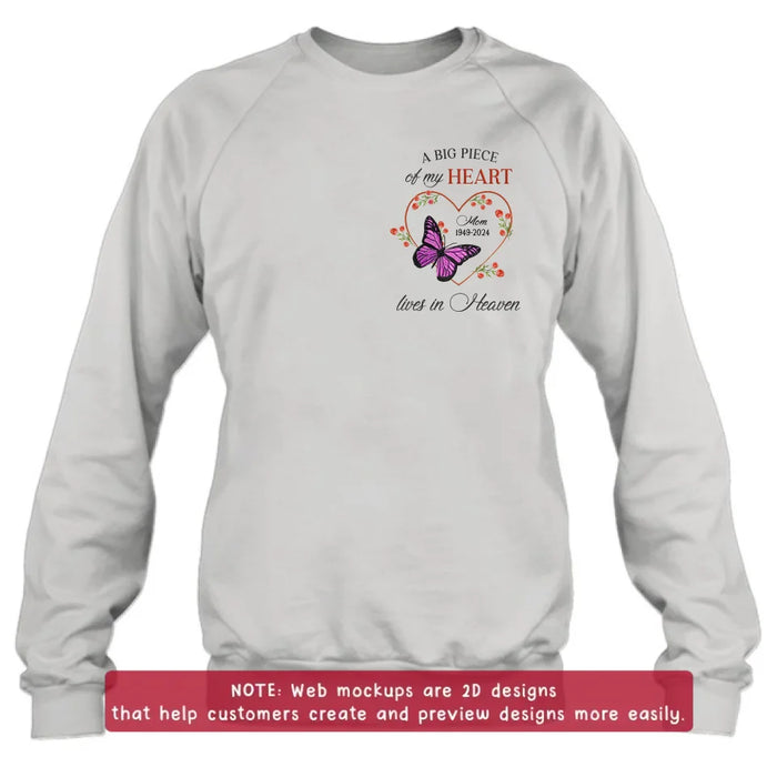 Personalized Memorial Butterfly Embroidered T-Shirt/Sweater/Hoodie - Memorial Gift Idea For Family Member - A Big Piece Of My Heart Lives In Heaven