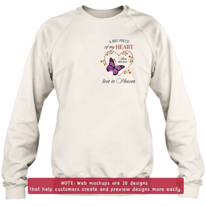 Personalized Memorial Butterfly Embroidered T-Shirt/Sweater/Hoodie - Memorial Gift Idea For Family Member - A Big Piece Of My Heart Lives In Heaven