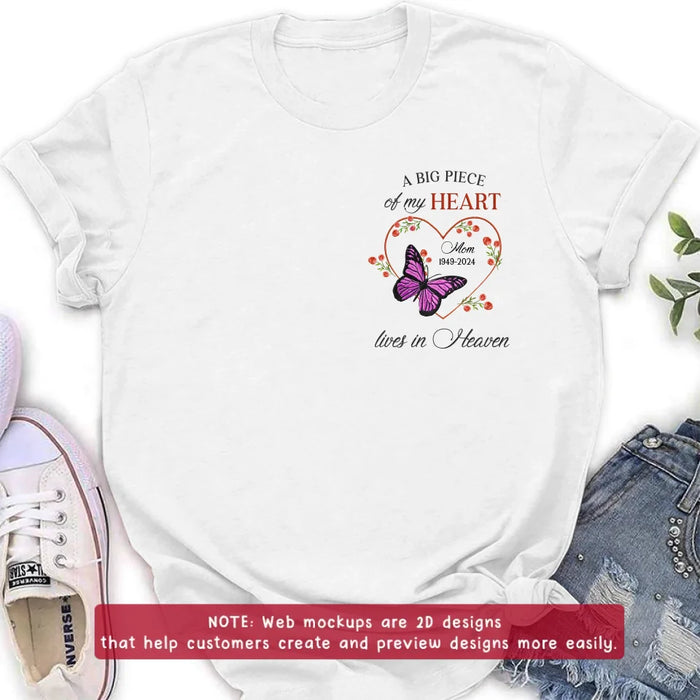 Personalized Memorial Butterfly Embroidered T-Shirt/Sweater/Hoodie - Memorial Gift Idea For Family Member - A Big Piece Of My Heart Lives In Heaven