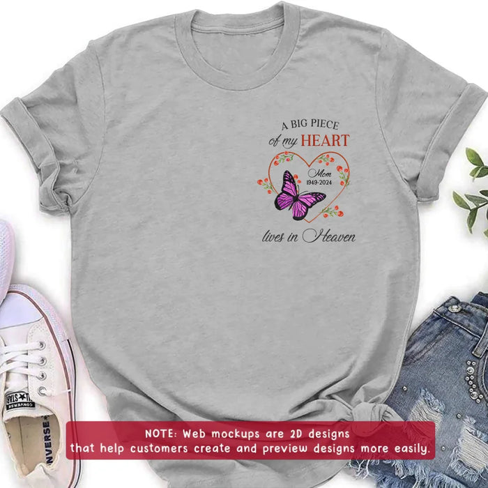 Personalized Memorial Butterfly Embroidered T-Shirt/Sweater/Hoodie - Memorial Gift Idea For Family Member - A Big Piece Of My Heart Lives In Heaven