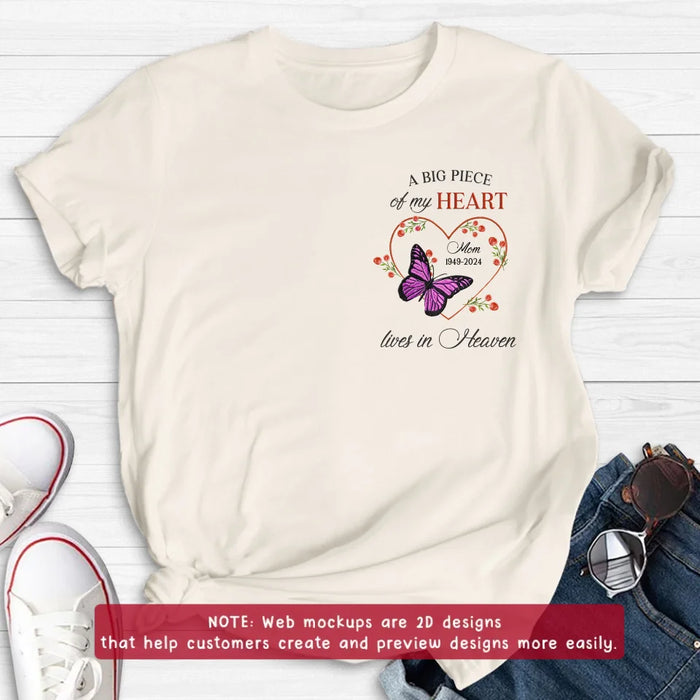 Personalized Memorial Butterfly Embroidered T-Shirt/Sweater/Hoodie - Memorial Gift Idea For Family Member - A Big Piece Of My Heart Lives In Heaven
