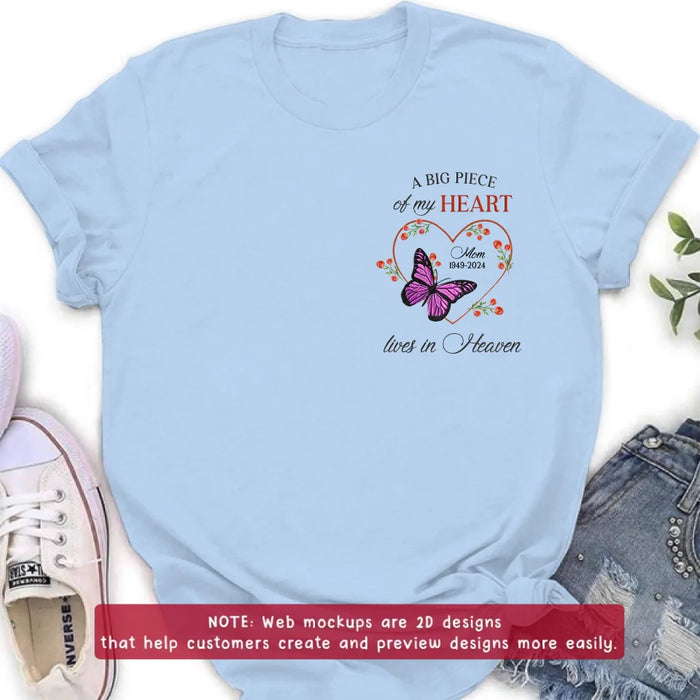 Personalized Memorial Butterfly Embroidered T-Shirt/Sweater/Hoodie - Memorial Gift Idea For Family Member - A Big Piece Of My Heart Lives In Heaven