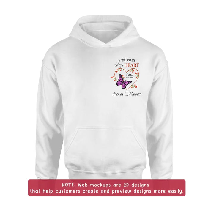 Personalized Memorial Butterfly Embroidered T-Shirt/Sweater/Hoodie - Memorial Gift Idea For Family Member - A Big Piece Of My Heart Lives In Heaven