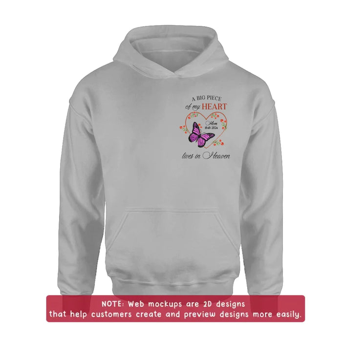 Personalized Memorial Butterfly Embroidered T-Shirt/Sweater/Hoodie - Memorial Gift Idea For Family Member - A Big Piece Of My Heart Lives In Heaven