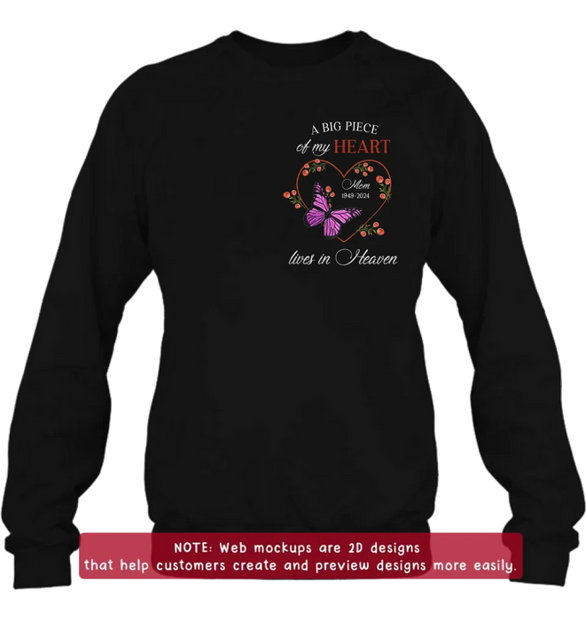 Personalized Memorial Butterflies Embroidered T-Shirt/Sweater/Hoodie - Memorial Gift Idea For Family Member - A Big Piece Of My Heart Lives In Heaven
