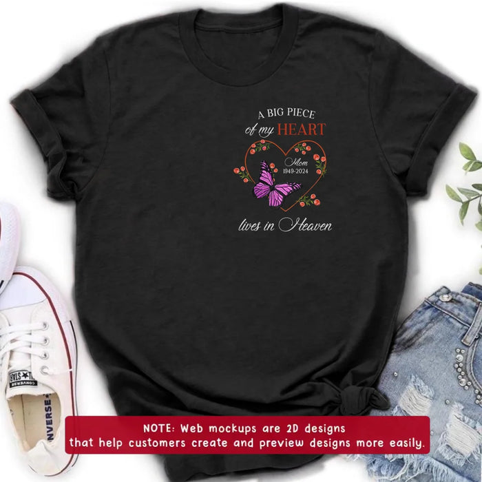 Personalized Memorial Butterflies Embroidered T-Shirt/Sweater/Hoodie - Memorial Gift Idea For Family Member - A Big Piece Of My Heart Lives In Heaven