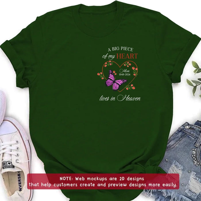 Personalized Memorial Butterflies Embroidered T-Shirt/Sweater/Hoodie - Memorial Gift Idea For Family Member - A Big Piece Of My Heart Lives In Heaven