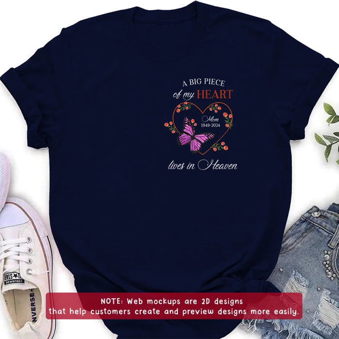 Personalized Memorial Butterflies Embroidered T-Shirt/Sweater/Hoodie - Memorial Gift Idea For Family Member - A Big Piece Of My Heart Lives In Heaven