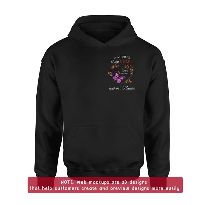 Personalized Memorial Butterflies Embroidered T-Shirt/Sweater/Hoodie - Memorial Gift Idea For Family Member - A Big Piece Of My Heart Lives In Heaven