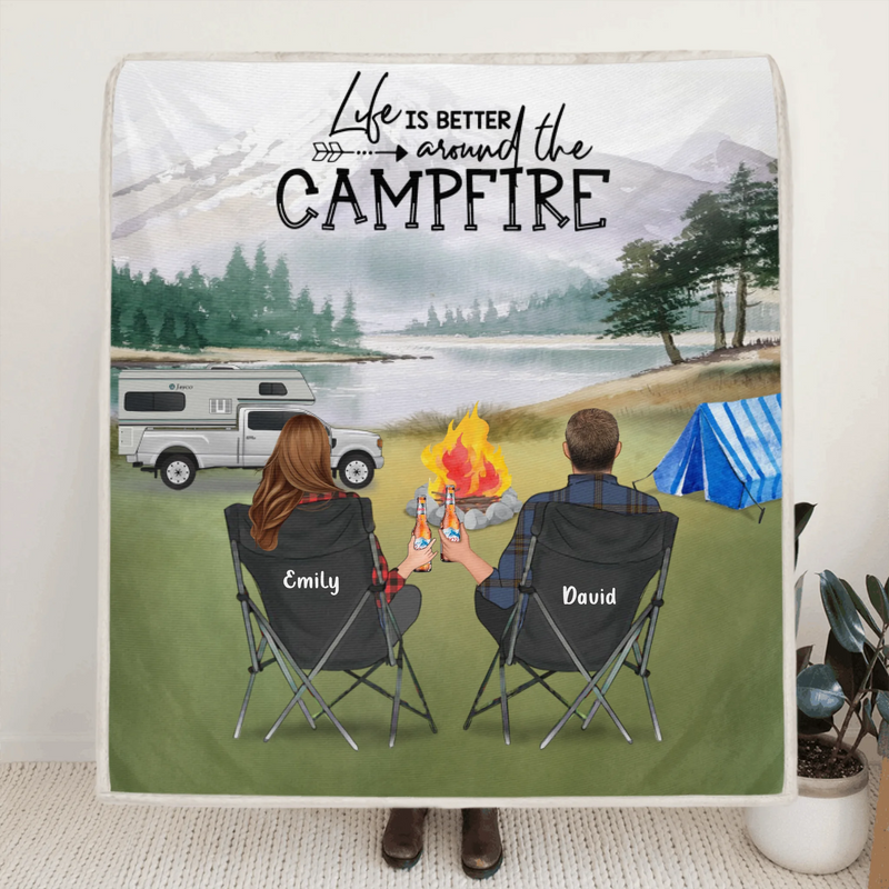 Personalized Camping Fleece Blanket - Couple Up to 3 Dogs - Gift For Couple - Life Is Better Around The Campfire - OFAWC7