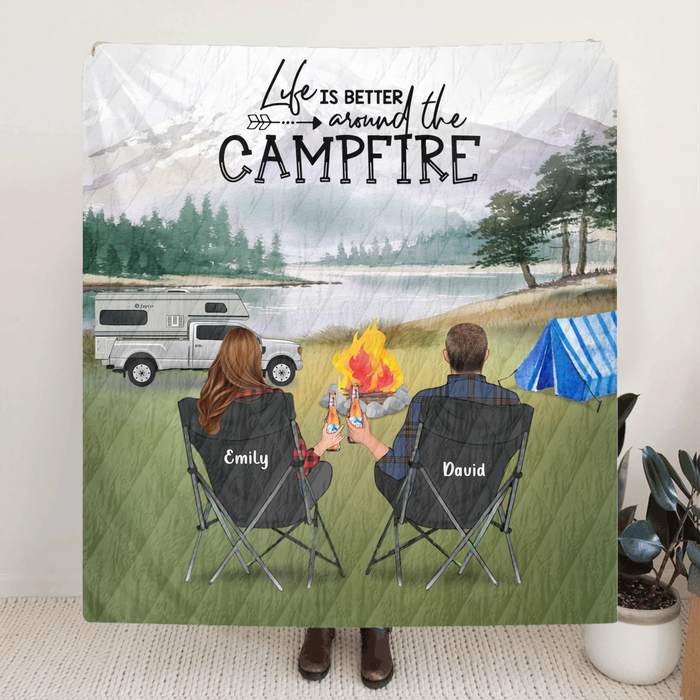 Personalized Camping Quilt Blanket - Couple Up to 3 Dogs - Gift For Couple - Life Is Better Around The Campfire - OFAWC7