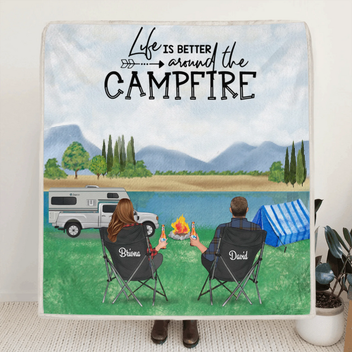 Personalized Mountain Camping Fleece Blanket - Couple Up to 3 Dogs - Gift For Couple - Life Is Better Around The Campfire