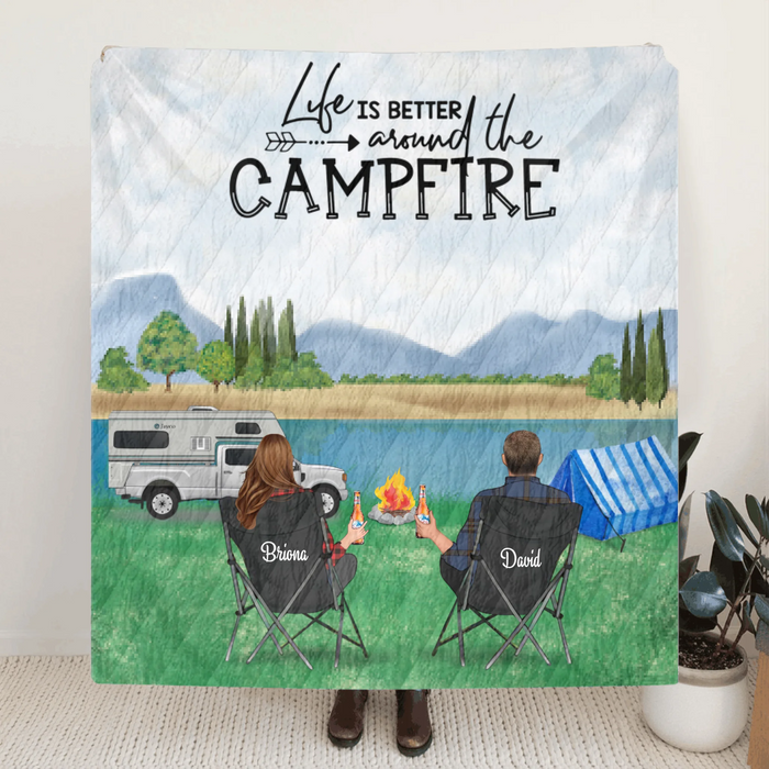 Personalized Mountain Camping Quilt Blanket - Couple Up to 3 Dogs - Gift For Couple - Life Is Better Around The Campfire